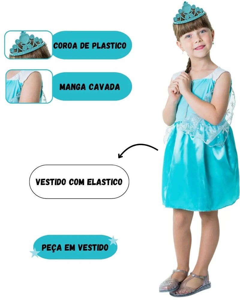 Fantasia Princesa Cinderela Azul Brilho Coroa Dia Das Crianças Curta Verão Carnaval Presente Feminina Megalomania
