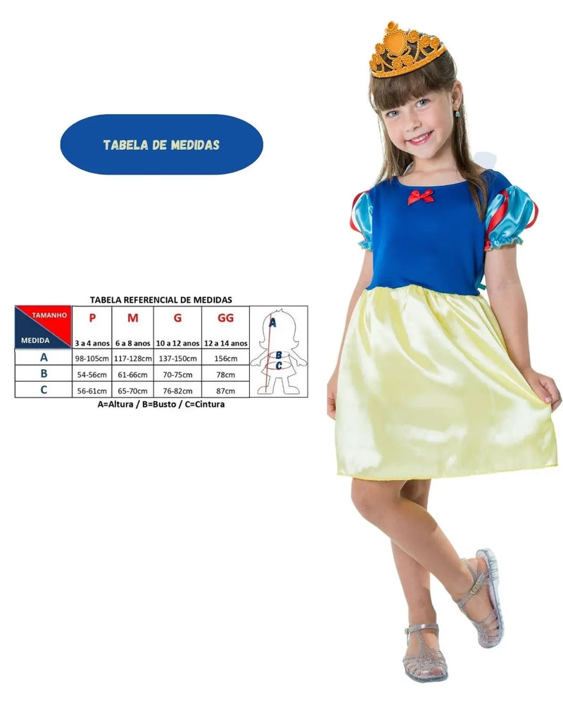 Fantasia Infantil Branca de neve Curta Verão Menina Carnaval Dia das Crianças Megalomania