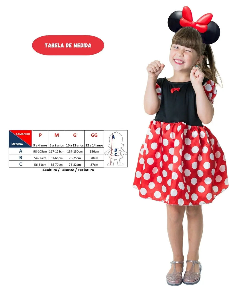 Fantasia Minnie Vermelha Clássica Feminina Menina Carnaval Infantil Megalomania