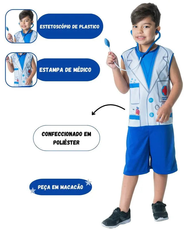 Fantasia Infantil Menino Médico Doutor Veterinário Com Estetoscópio Carnaval Dia das Crianças Escolar Megalomania