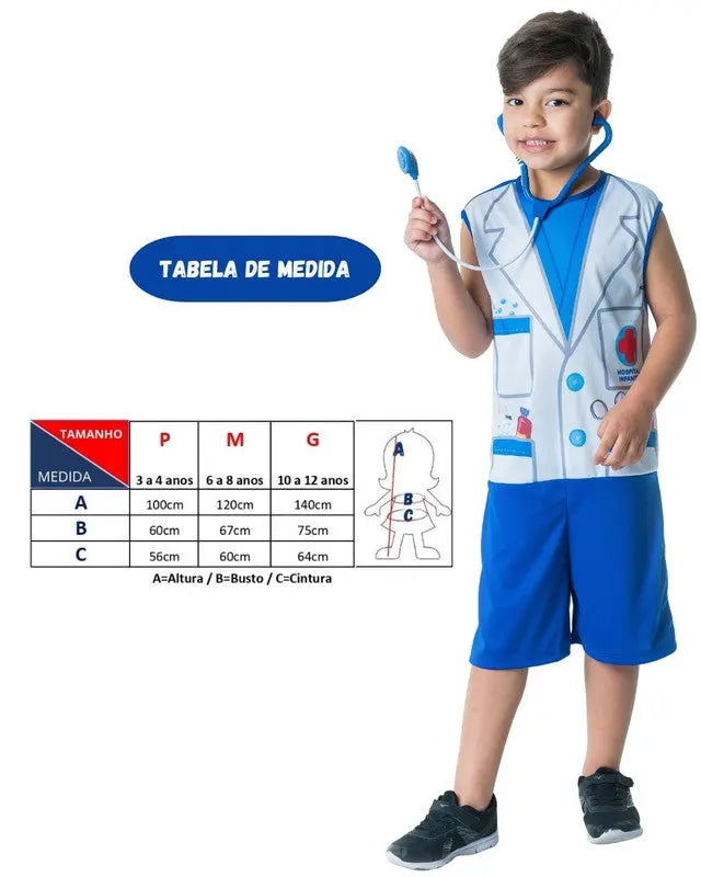 Fantasia Infantil Menino Médico Doutor Veterinário Com Estetoscópio Carnaval Dia das Crianças Escolar Megalomania