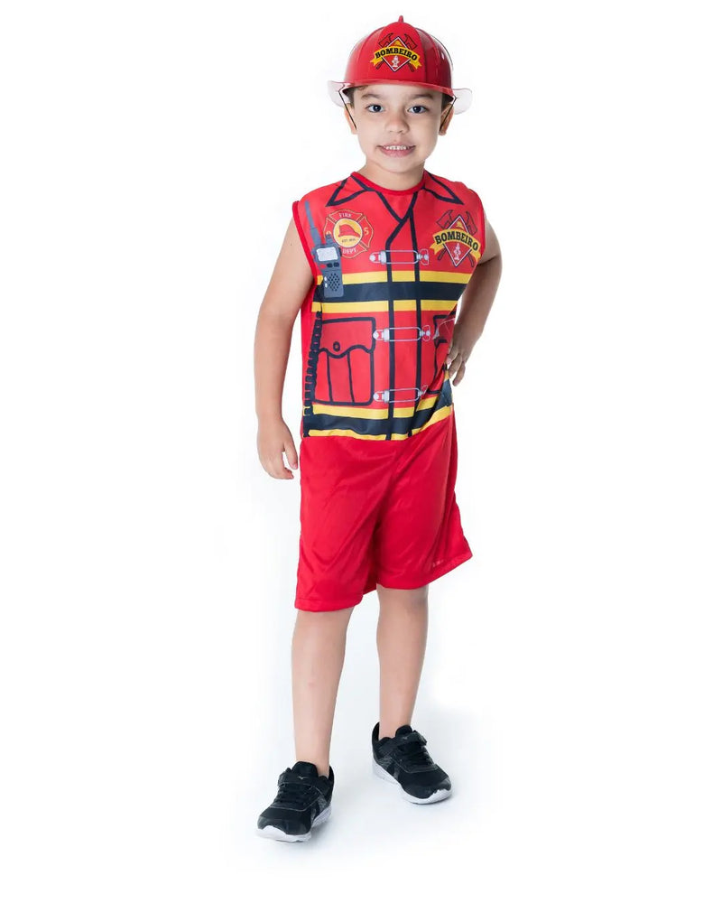 Fantasia Infantil Bombeiro com Capacete Menino Masculina Carnaval Megalomania