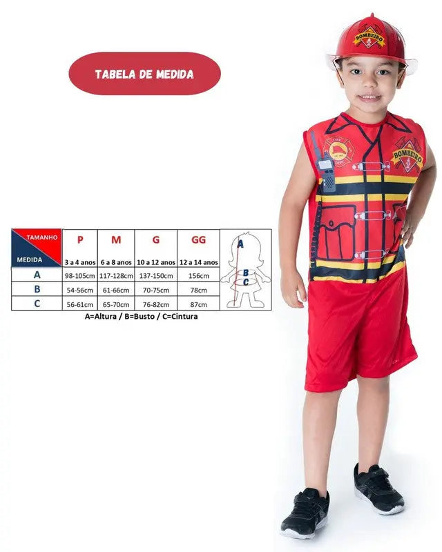 Fantasia Infantil Bombeiro com Capacete Menino Masculina Carnaval Megalomania