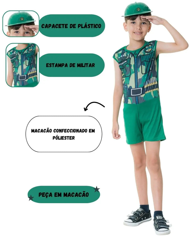 Fantasia Menino Militar Profissão Com Capacete Masculino Escolar Dia das Crianças Carnaval Megalomania