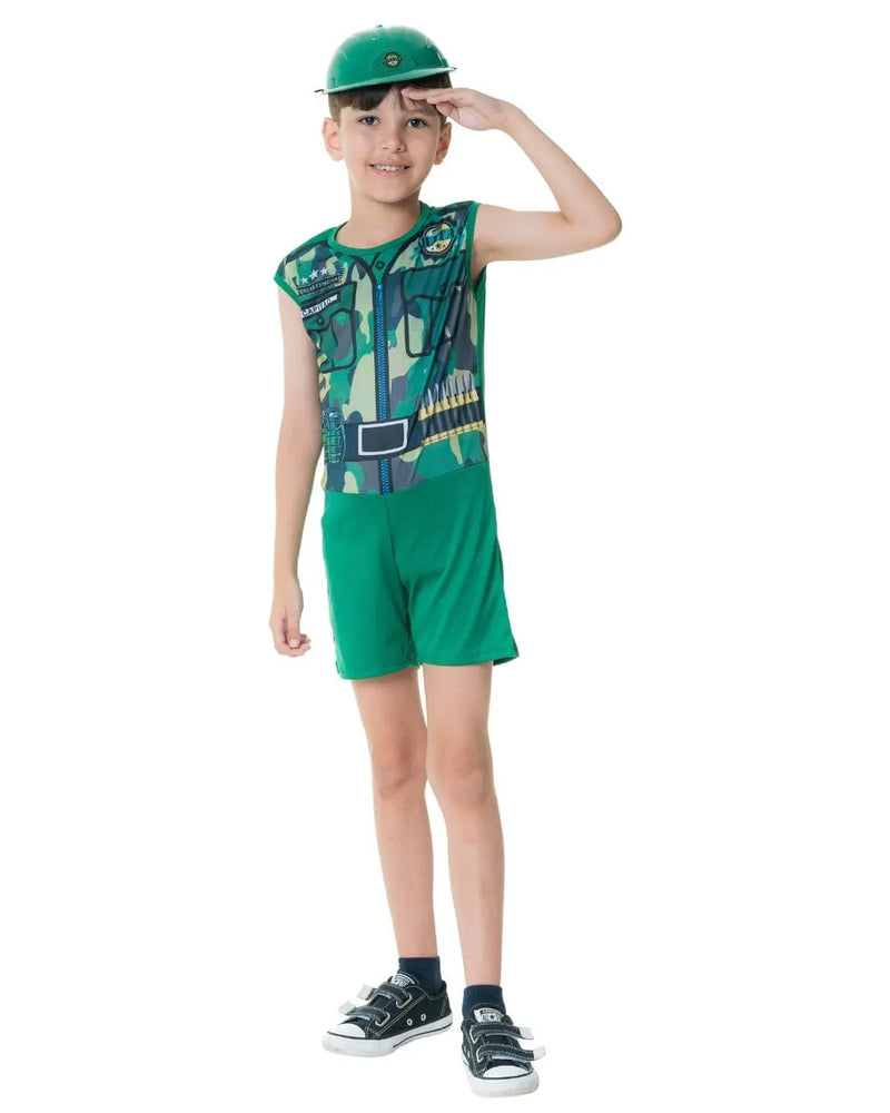 Fantasia Menino Militar Profissão Com Capacete Masculino Escolar Dia das Crianças Carnaval Megalomania