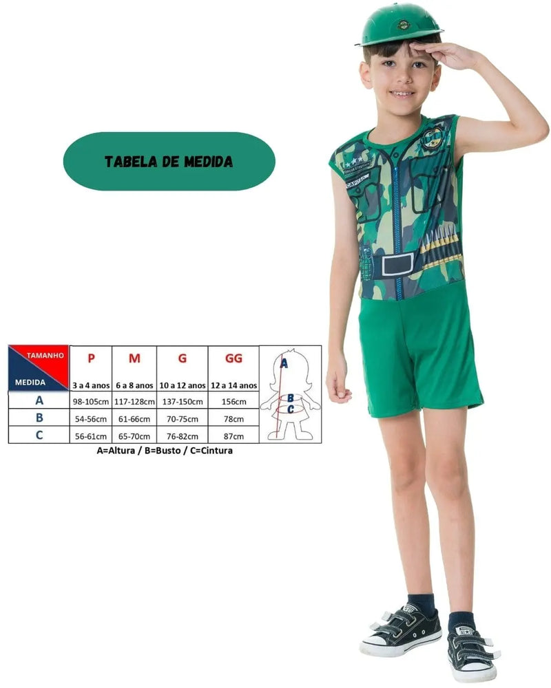 Fantasia Menino Militar Profissão Com Capacete Masculino Escolar Dia das Crianças Carnaval Megalomania