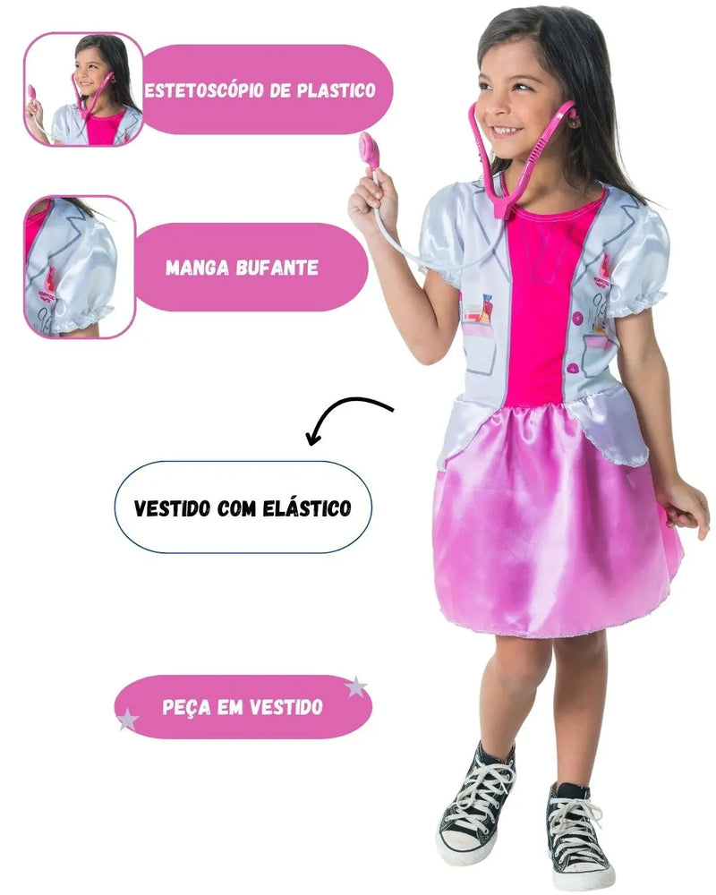 Fantasia Infantil Menina Médica Doutora Com Estetoscópio Carnaval Dia Das Crianças Megalomania