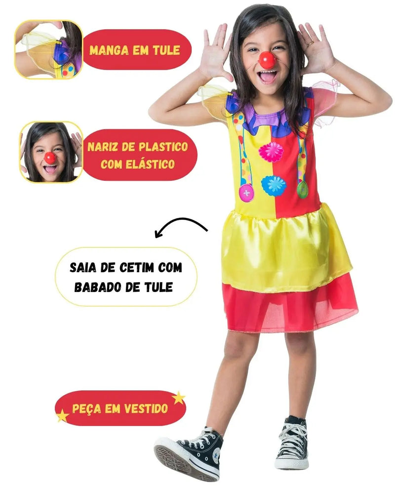 Fantasia Palhacinha Menina carnaval Com Nariz de Palhaço Vestido Carnaval Dia Das Crianças Presente Megalomania