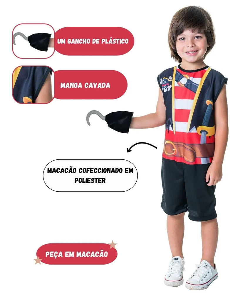 Fantasia Infantil Menino Pirata Capitão Gancho Caribe Curta Escolar com Gancho dia das Crianças Carnaval Megalomania