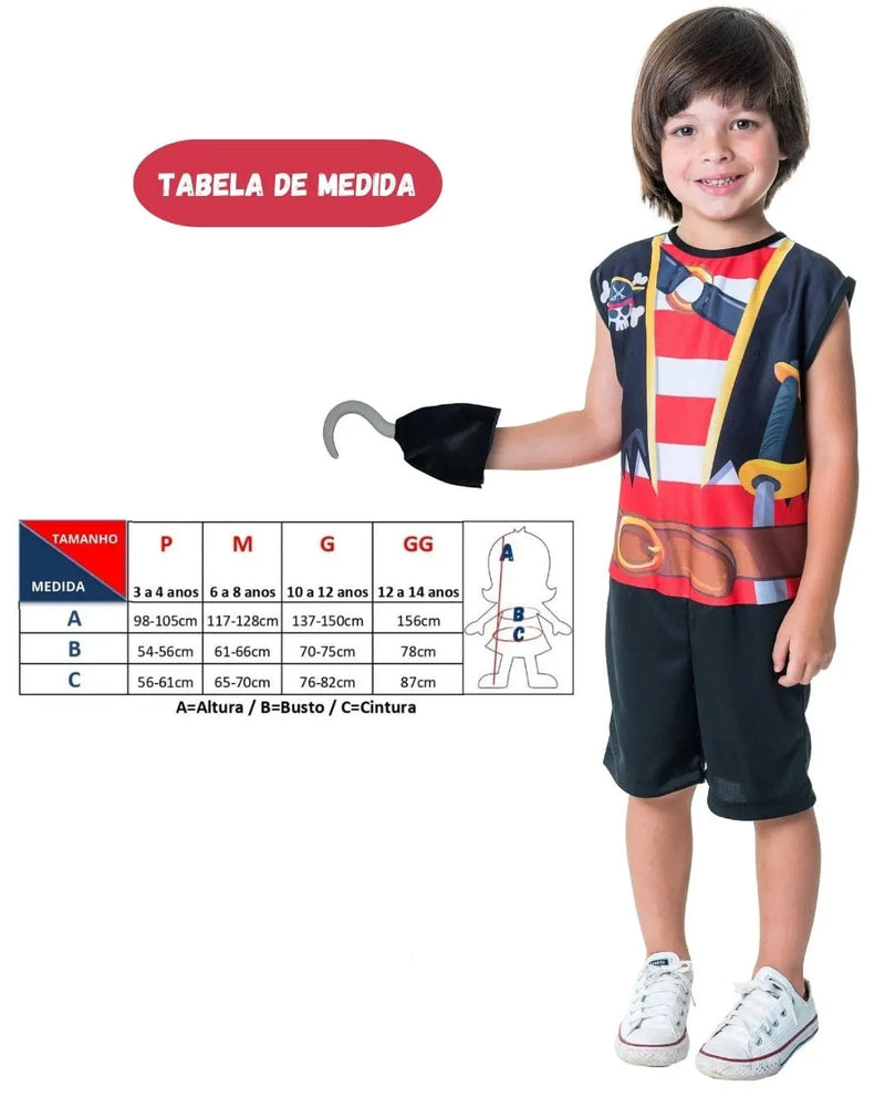 Fantasia Infantil Menino Pirata Capitão Gancho Caribe Curta Escolar com Gancho dia das Crianças Carnaval Megalomania