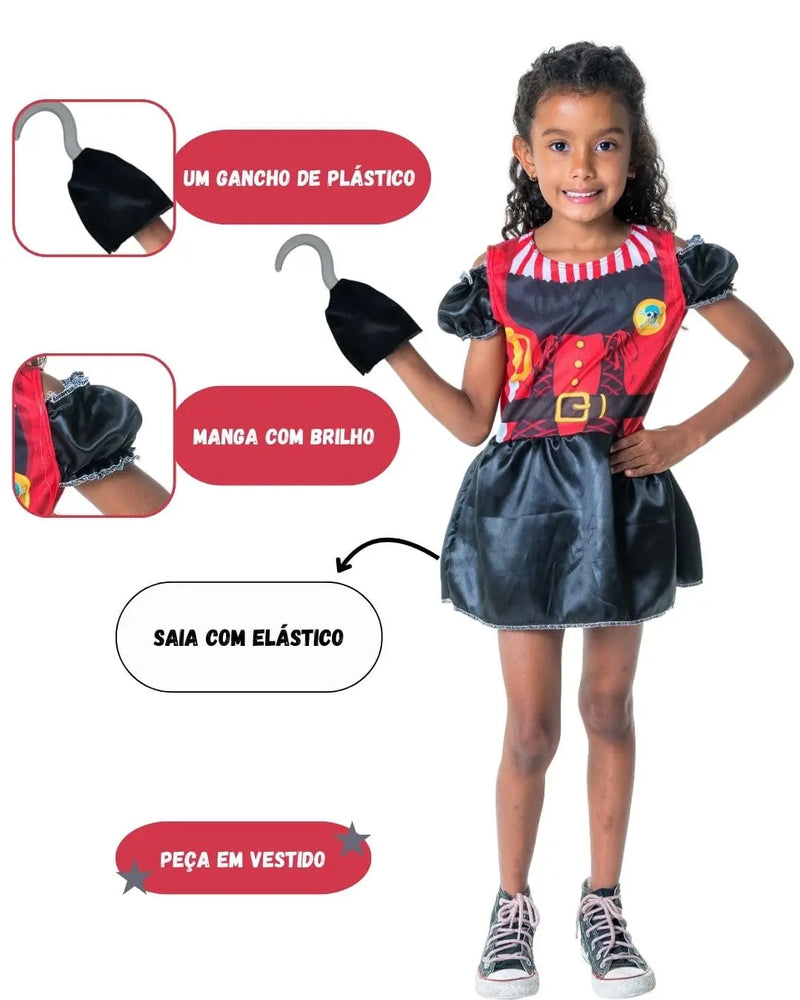 Fantasia Infantil Menina Pirata Capitã Gancho Vestido Curta Verão com Gancho Escolar Dia das Crianças Megalomania