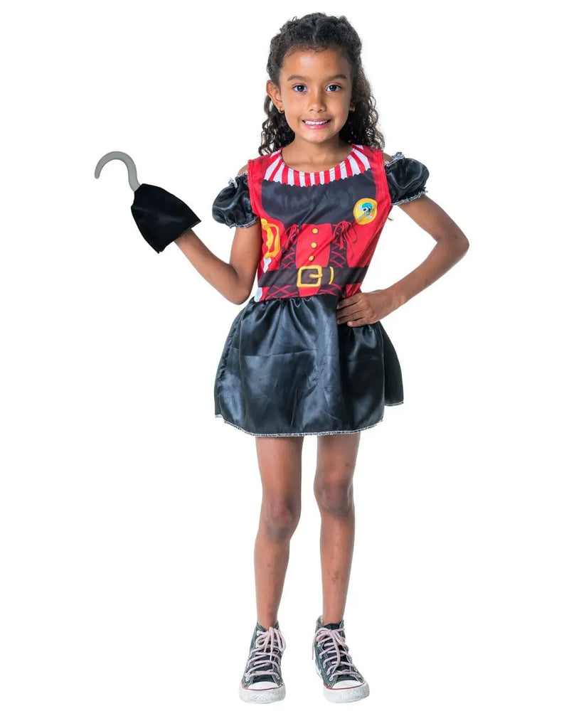 Fantasia Infantil Menina Pirata Capitã Gancho Vestido Curta Verão com Gancho Escolar Dia das Crianças Megalomania