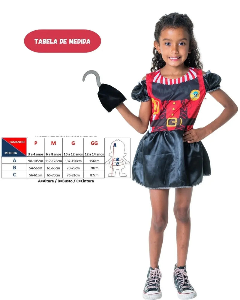 Fantasia Infantil Menina Pirata Capitã Gancho Vestido Curta Verão com Gancho Escolar Dia das Crianças Megalomania