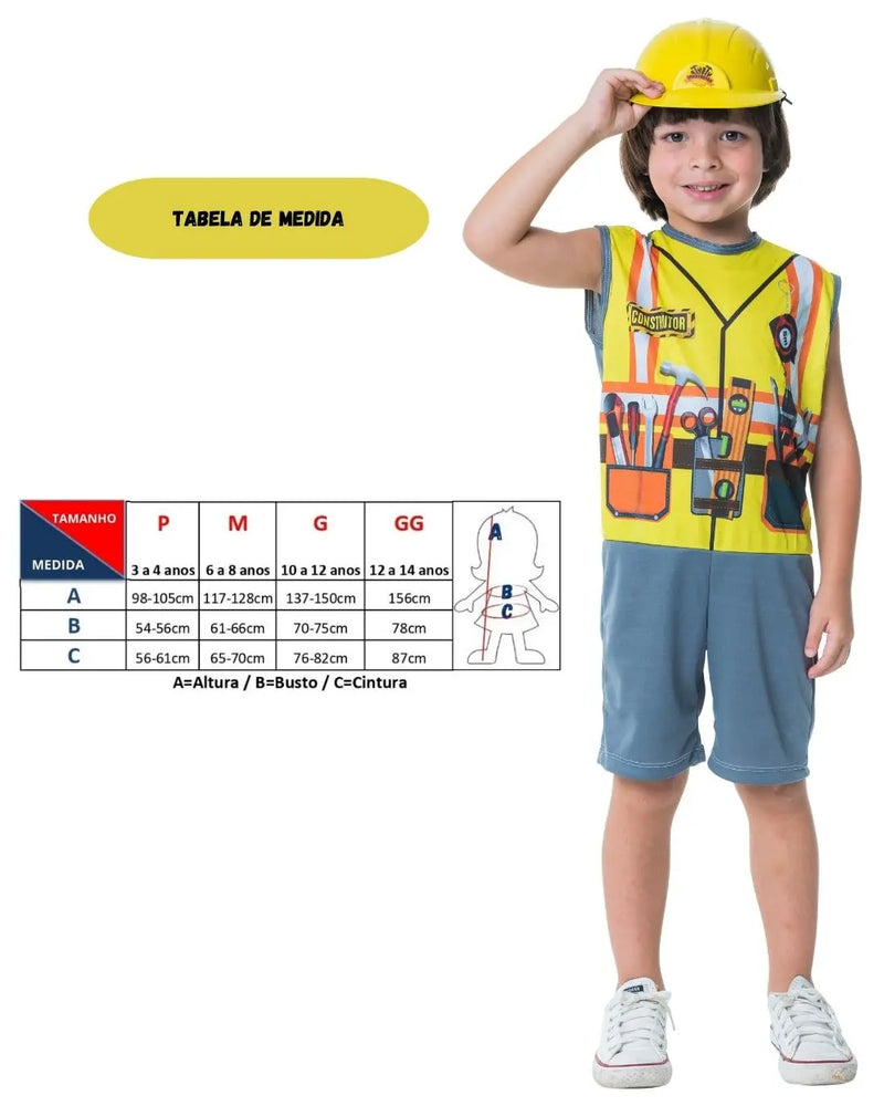 Fantasia Menino Masculina Infantil Construtor Engenharia Com Capacete Carnaval Dia das Crianças Megalomania