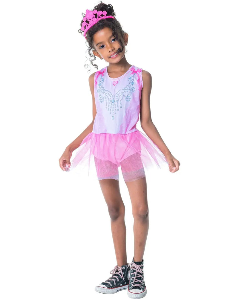 Fantasia Feminina Bailarina com Tiara Infantil Curta Carnaval Escolar Dia das Crianças Megalomania