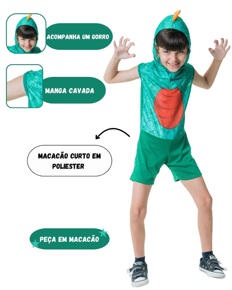 Fantasia Menino Infantil Dinossauro Dino Verde com Gorro Festa Carnaval Megalomania