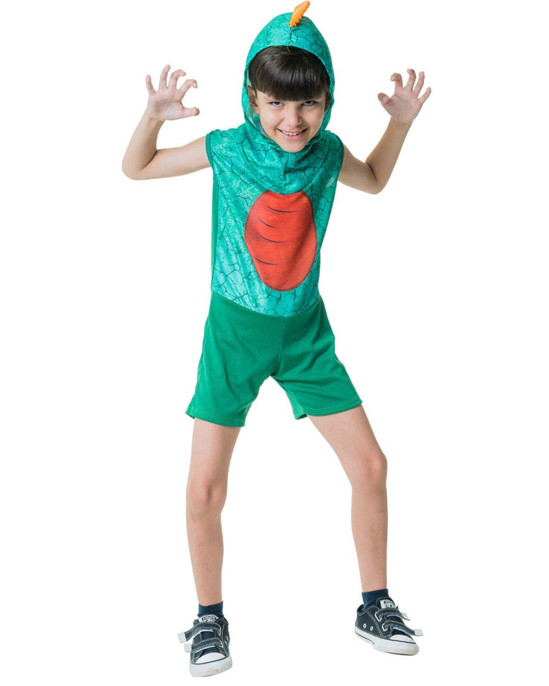 Fantasia Menino Infantil Dinossauro Dino Verde com Gorro Festa Carnaval Megalomania