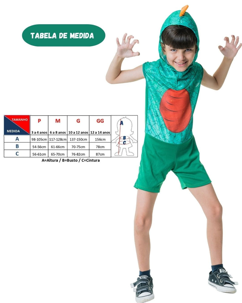 Fantasia Menino Infantil Dinossauro Dino Verde com Gorro Festa Carnaval Megalomania