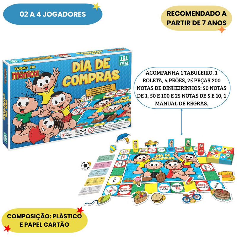 Jogo Tabuleiro Dia de Compras Turma da Mônica Peões Diversão Criança Menino Menina