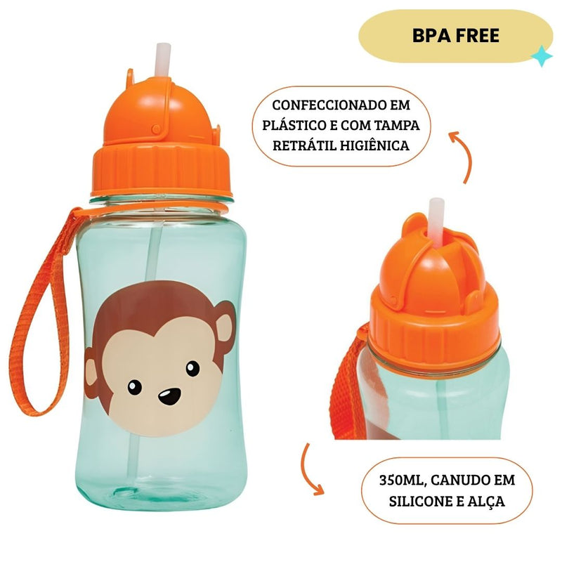 Garrafinha Infantil Canudo Silicone Animal Fun Macaquinho Laranja Buba Passeio Viagem