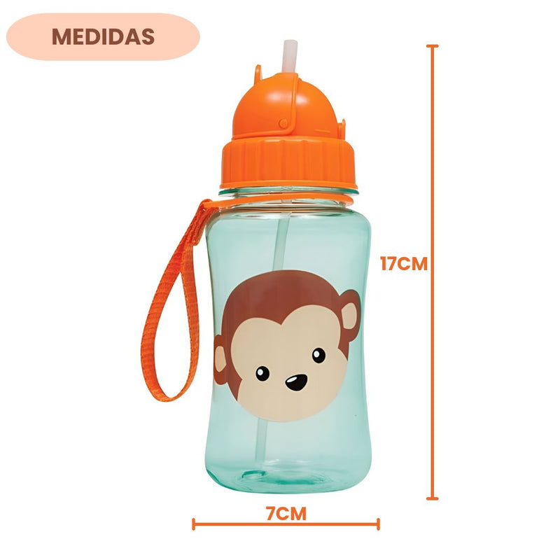 Garrafinha Infantil Canudo Silicone Animal Fun Macaquinho Laranja Buba Passeio Viagem