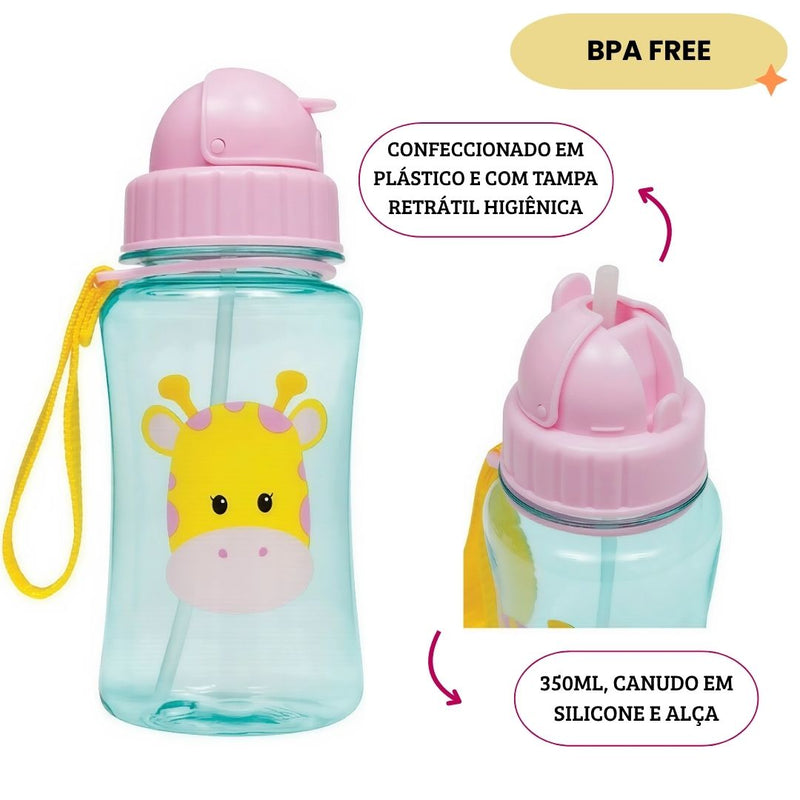 Garrafinha Garrafa Infantil Canudo Silicone Animal Fun Buba Girafa Girafinha Rosa-claro