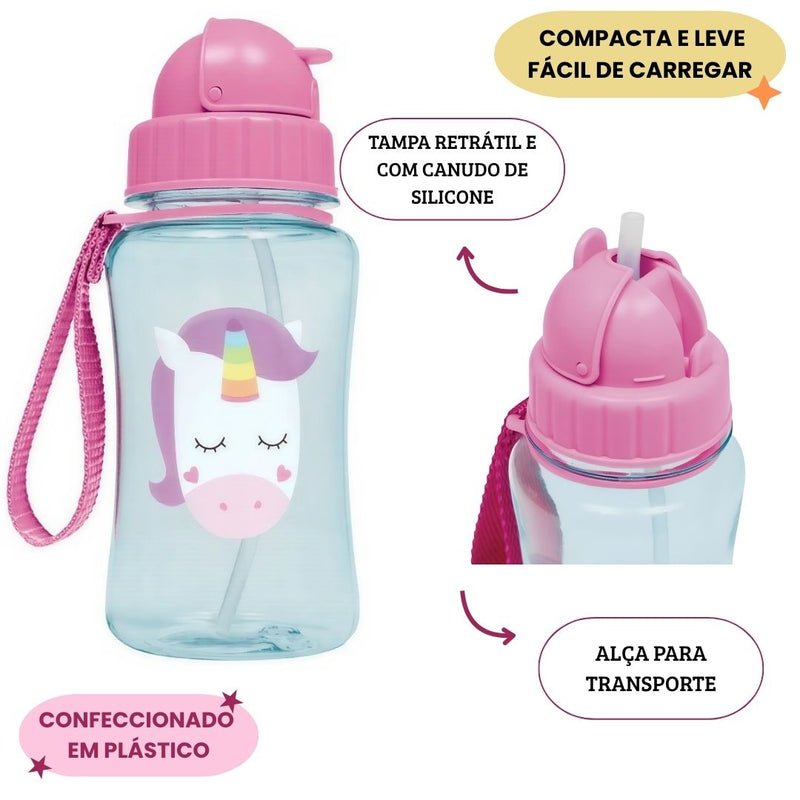 Garrafa Infantil Com Canudo Silicone Animal Fun Rosa Unicórnio 350ml Bebê Garrafinha Criança Megalomania