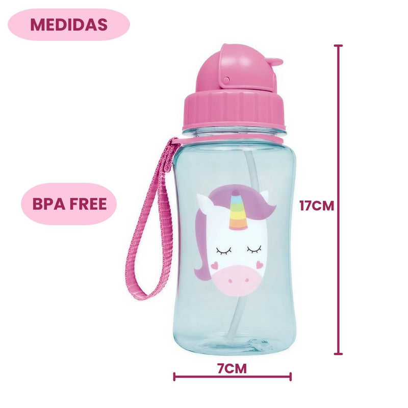 Garrafa Infantil Com Canudo Silicone Animal Fun Rosa Unicórnio 350ml Bebê Garrafinha Criança Megalomania