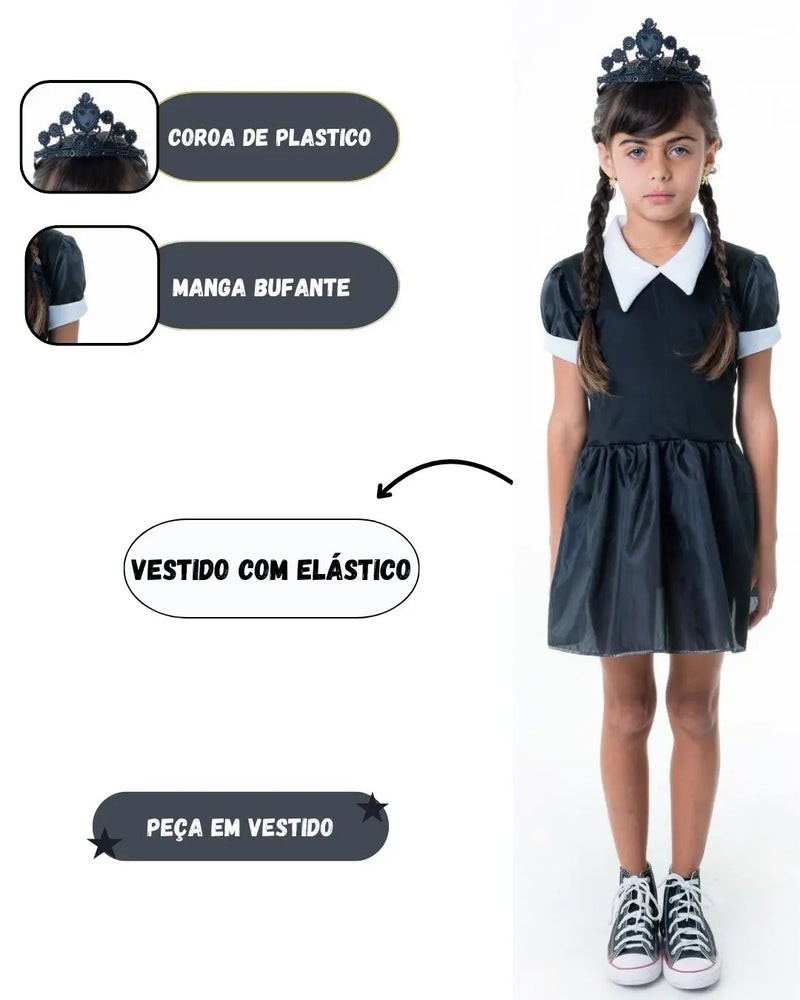 Fantasia Infantil Menina Wandinha Clássica Quarta feira Com Coroa Familia Addams Serie Bruxinha Carnaval Hallowen Dia Das Crianças Megalomania
