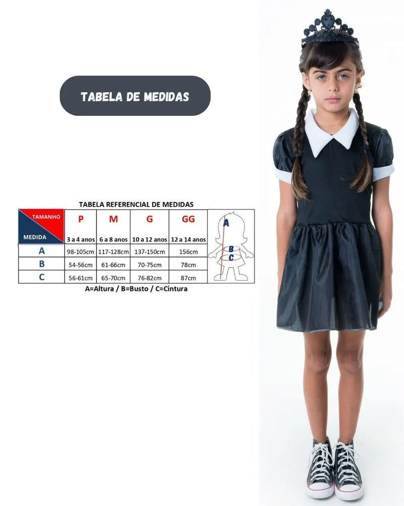 Fantasia Infantil Menina Wandinha Clássica Quarta feira Com Coroa Familia Addams Serie Bruxinha Carnaval Hallowen Dia Das Crianças Megalomania