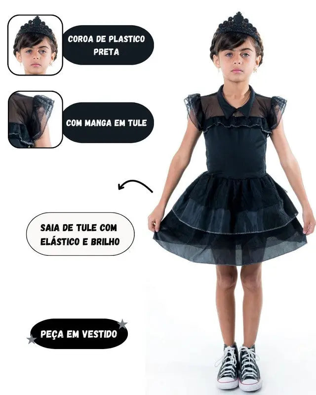 Fantasia Infantil Menina Wandinha Quarta feira Familia Addams Serie Bruxinha Carnaval Hallowen Dia Das Crianças Megalomania