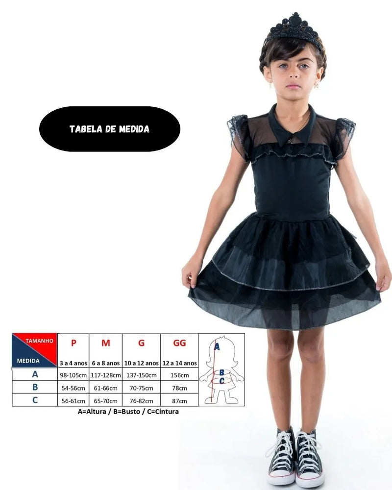 Fantasia Infantil Menina Wandinha Quarta feira Familia Addams Serie Bruxinha Carnaval Hallowen Dia Das Crianças Megalomania