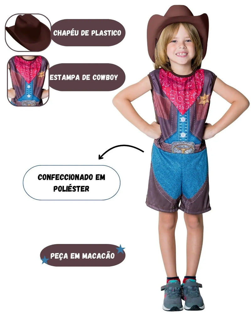Fantasia Menino Cowboy Boiada Vaqueiro Com Chápeu Masculino Cosplay Carnaval Dia Das Crianças Megalomania
