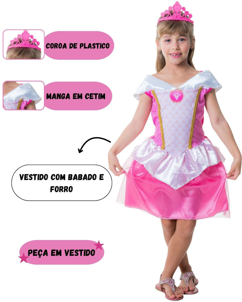 Fantasia Clássica Com Coroa Rapunzel Curta Rosa Carnaval Dia Das Crianças Menina Infantil Megalomania