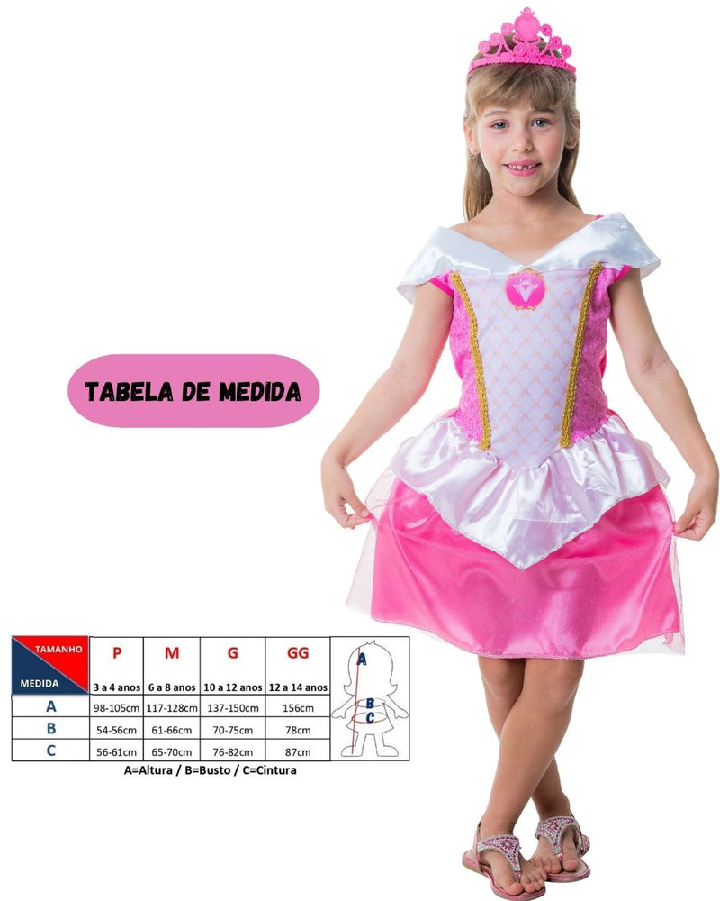 Fantasia Clássica Com Coroa Rapunzel Curta Rosa Carnaval Dia Das Crianças Menina Infantil Megalomania