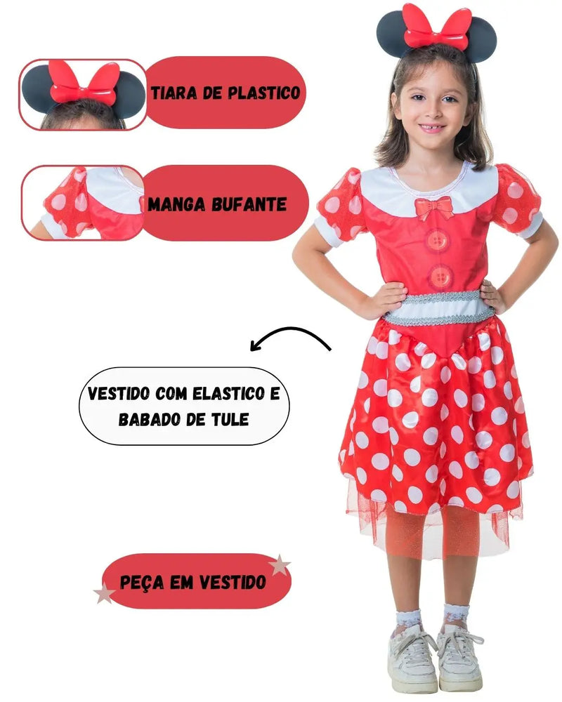 Fantasia Minnie Infantil Menina Clássica com Tiara Carnaval Feminina Presente Escolar Megalomania