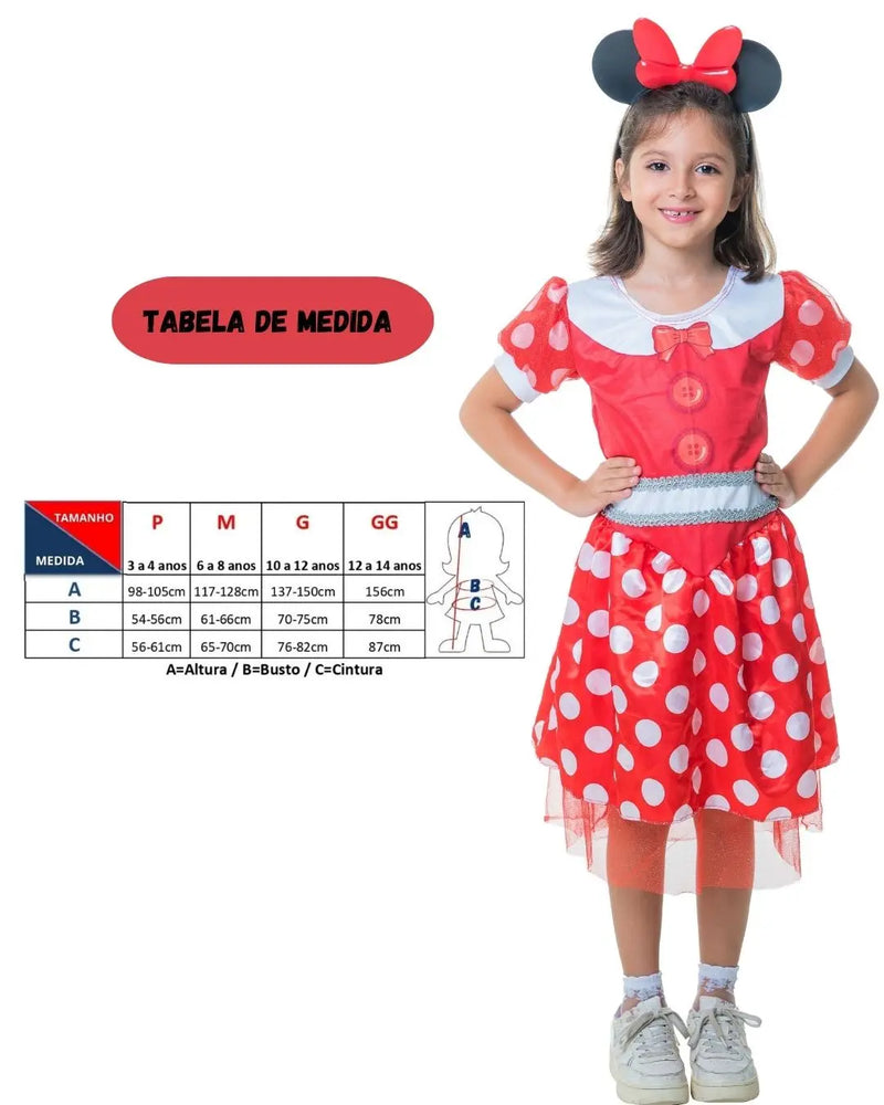 Fantasia Minnie Infantil Menina Clássica com Tiara Carnaval Feminina Presente Escolar Megalomania