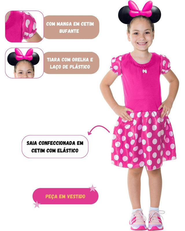 Fantasia Minnie Rosa Com Tiara Bolinhas anos 90 infantil Menina Feminina Megalomania