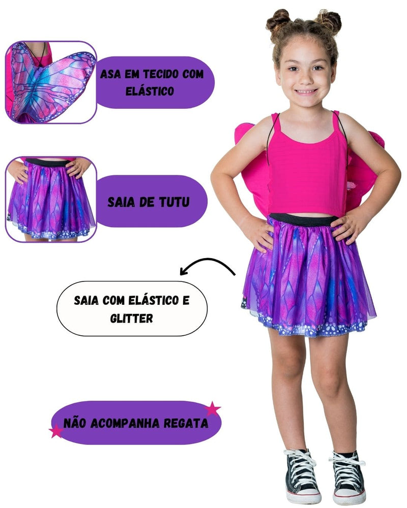 Fantasia Infantil Fada Borboleta Rosa Com Asa e Tutu Menina Feminina Carnaval Dia das Crianças Cosplay Megalomania