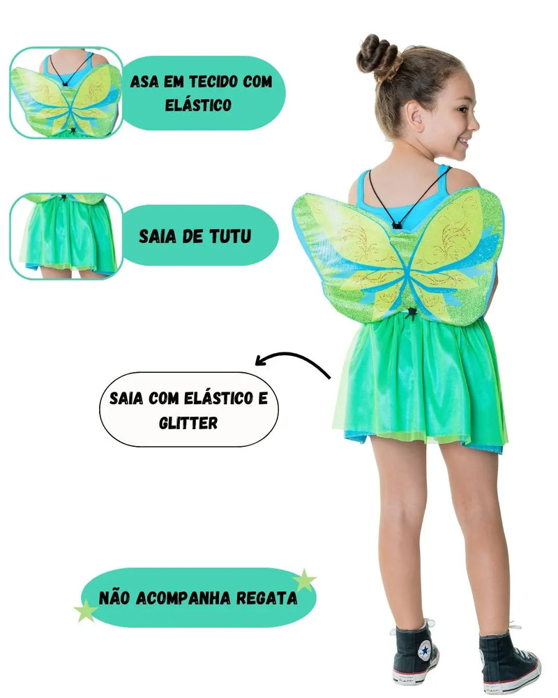 Fantasia Menina Fada Encantada Tinker Bell Sininho Verde Carnaval Dia das Crianças Feminina Presente Megalomania