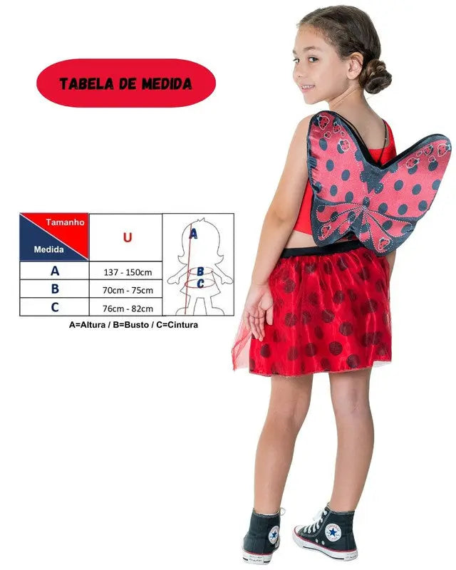 Fantasia Feminina Joaninha Infantil Menina Carnaval Dia Das Crianças Com Asa e Tutu Megalomania