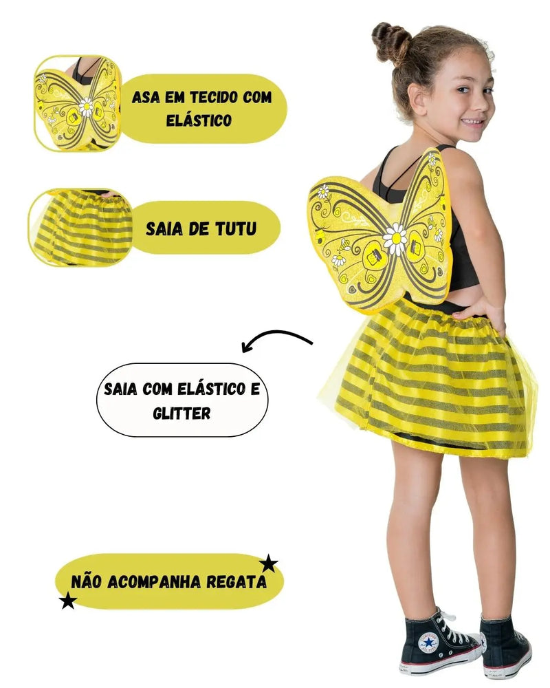 Fantasia Infantil Menina Abelhinha Amarela Com Asa e Tutu Carnaval Dia Das Crianças Presente Megalomania