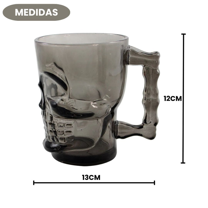 Caneca de Vidro Caveira Skull Mug Preta 3D 500ml Pai Presente Chopp Churrasco Megalomania