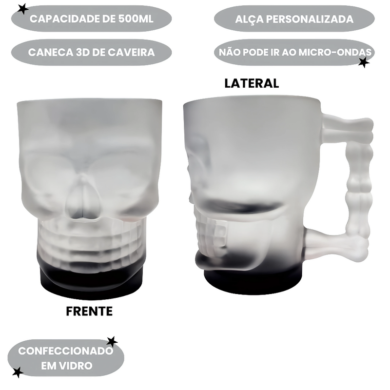 Caneca Caveira Skul Mug Base Preta 3D Vidro Fosco 500ML Churrasco Chopp Pai Presente Decoração Megalomania