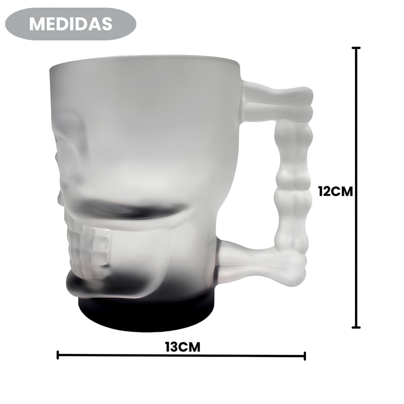 Caneca Caveira Skul Mug Base Preta 3D Vidro Fosco 500ML Churrasco Chopp Pai Presente Decoração Megalomania