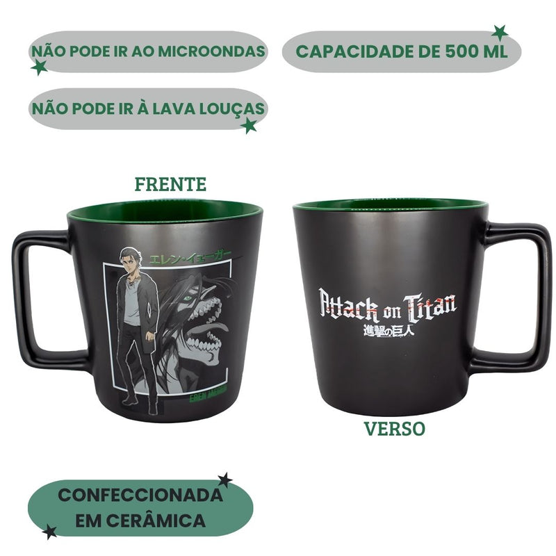 Caneca Buck Attack On Titan Eren Tatakae Anime Cerâmica 400ml Café Leite Presente Megalomania