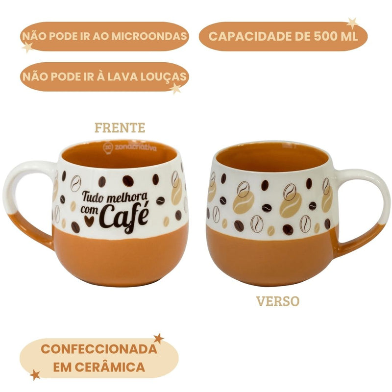 Caneca Maggie Frase Tudo Melhora Com Café Leite Chá Cerâmica Presente 400ml Megalomania