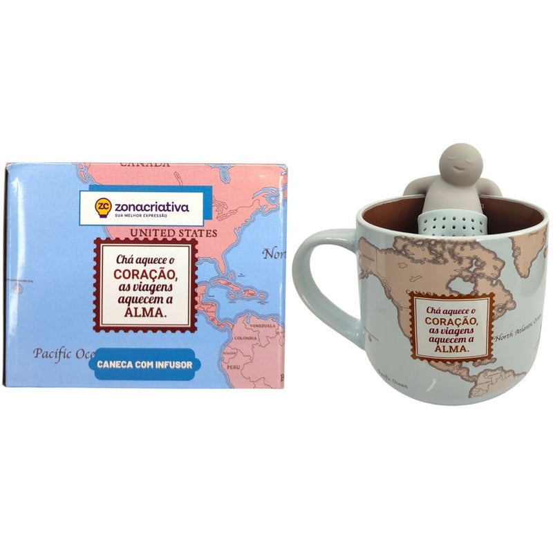 Caneca Cerâmica 350ML Mapa Mundi Viagem Países Com Infusor Chá Presente Megalomania