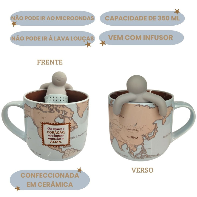 Caneca Cerâmica 350ML Mapa Mundi Viagem Países Com Infusor Chá Presente Megalomania