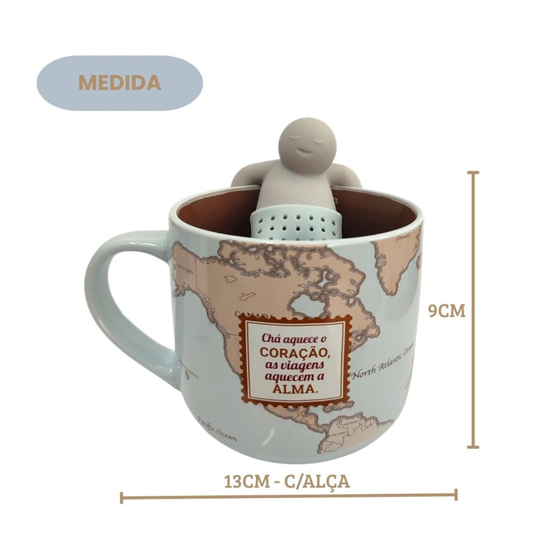 Caneca Cerâmica 350ML Mapa Mundi Viagem Países Com Infusor Chá Presente Megalomania